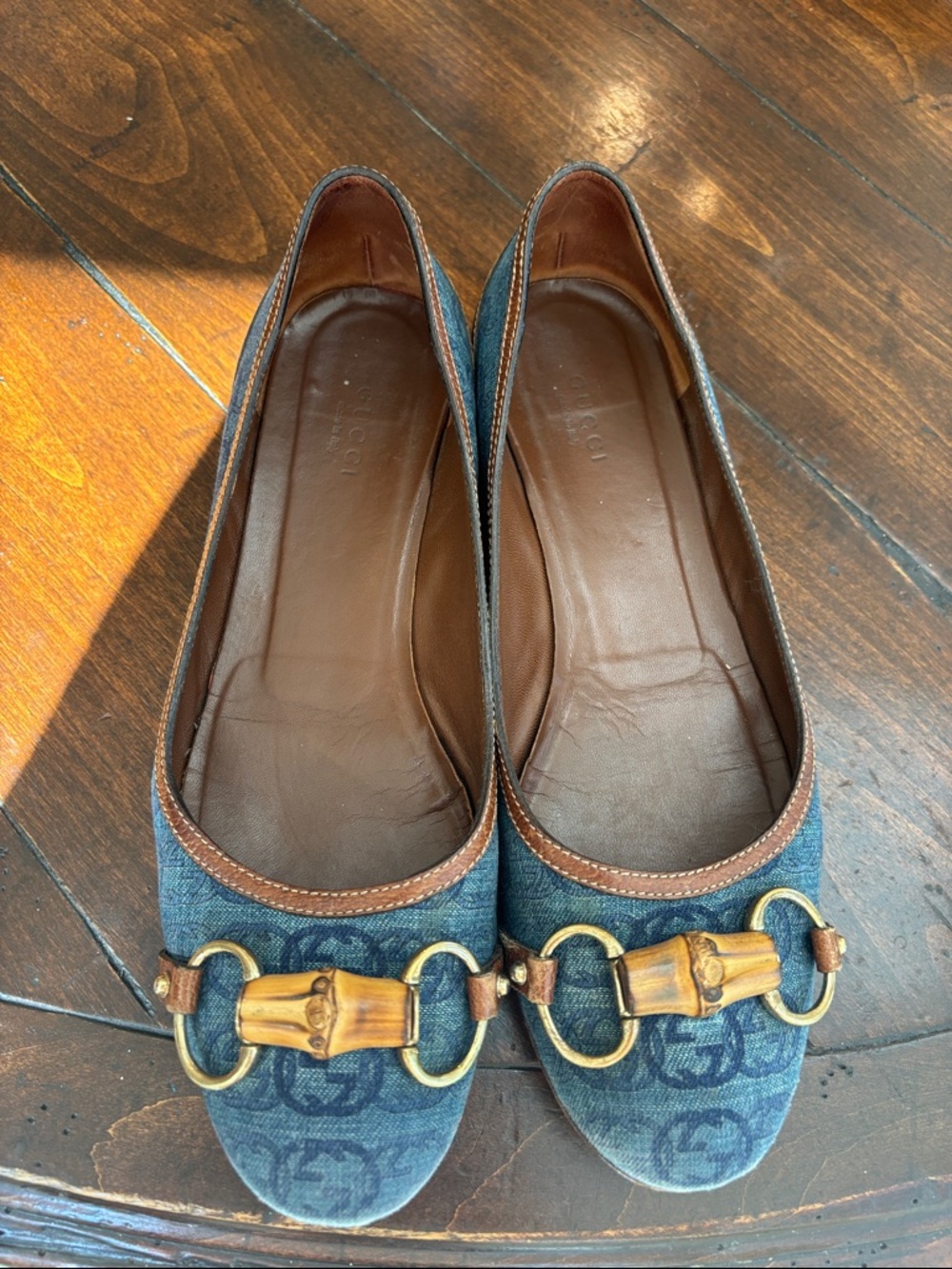 Gucci Blue Denim Flats with Brown Trim and Bamboo Bit